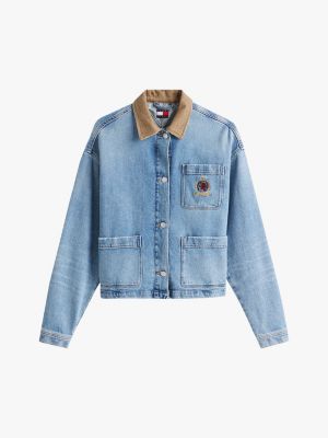 veste en denim à col contrasté et blason bleu pour femmes tommy jeans