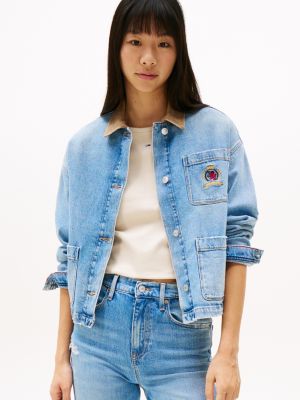 veste en denim à col contrasté et blason blue pour femmes tommy jeans