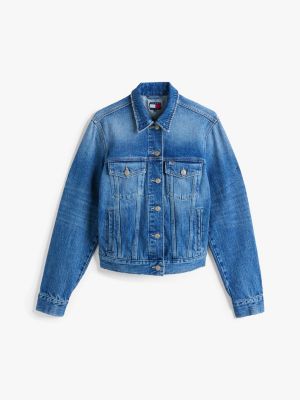 veste trucker en denim à blason brodé au dos bleu pour femmes tommy jeans