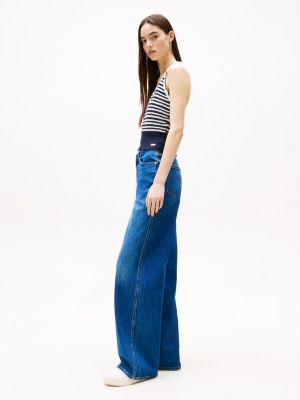 blue faded high rise wide leg jeans for women tommy jeans