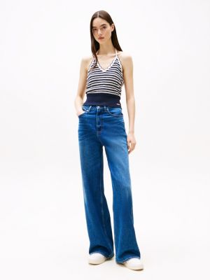 blue faded high rise wide leg jeans for women tommy jeans