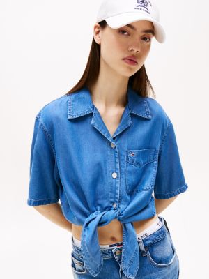 blue self-tie short sleeve shirt for women tommy jeans