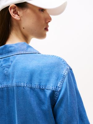 blau kurzarm-bluse mit bindeband für damen - tommy jeans