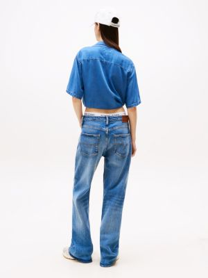 blau kurzarm-bluse mit bindeband für damen - tommy jeans