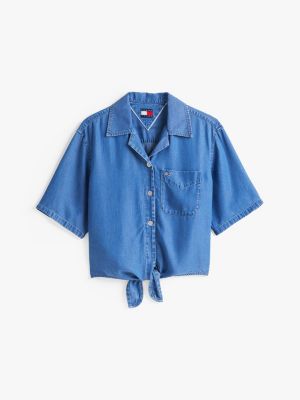 blue self-tie short sleeve shirt for women tommy jeans