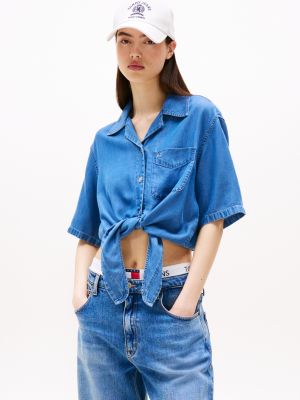 blue self-tie short sleeve shirt for women tommy jeans