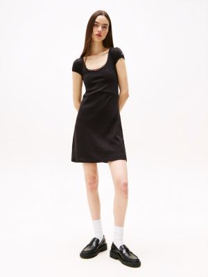 black pointelle a-line mini dress for women tommy jeans