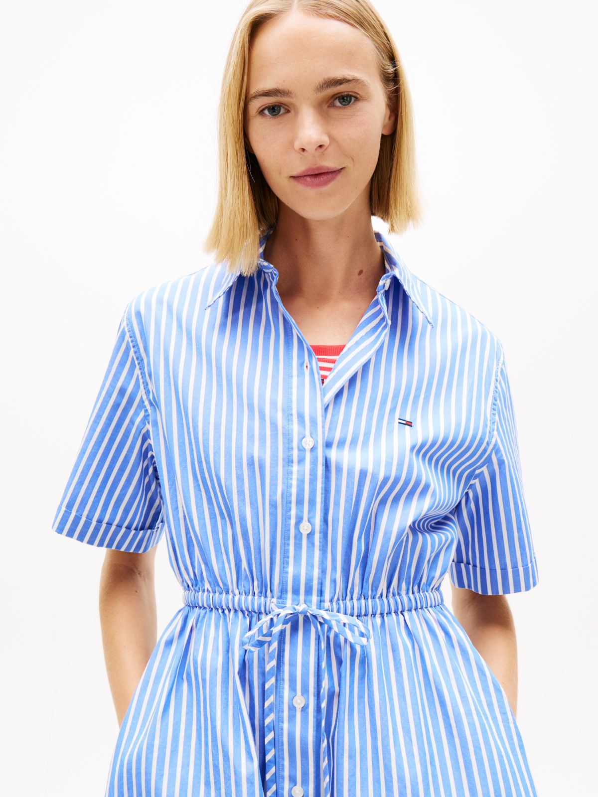 Stripe Relaxed Poplin Mini Shirt Dress — Blue