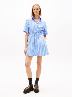 blue stripe relaxed poplin mini shirt dress for women tommy jeans