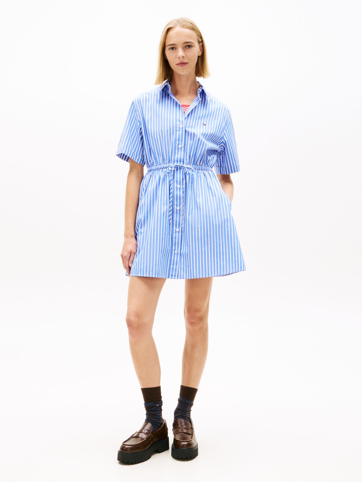 Stripe Relaxed Poplin Mini Shirt Dress — Blue
