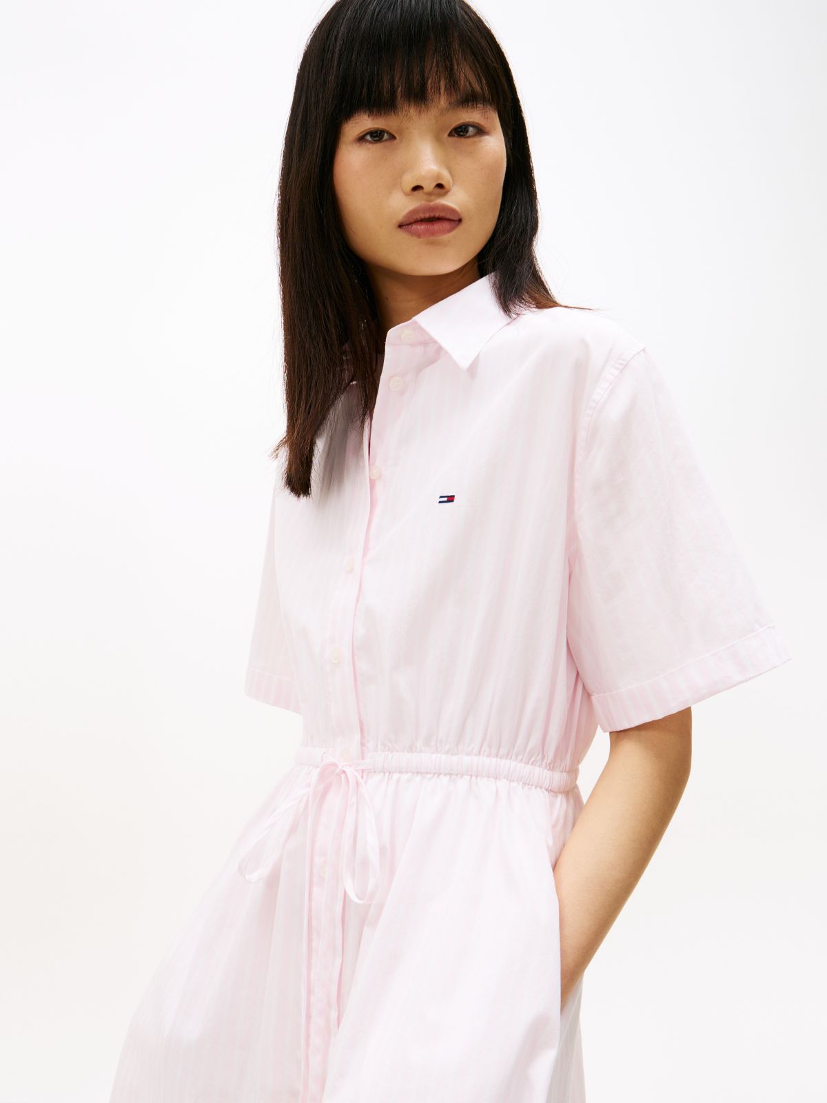 Stripe Relaxed Poplin Mini Shirt Dress — Pink