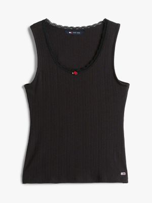 schwarz slim fit tanktop mit pointelle-muster für damen - tommy jeans