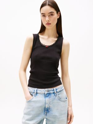 black slim fit tanktop mit pointelle-muster für damen - tommy jeans