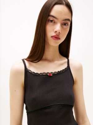 black pointelle slim spaghetti strap top for women tommy jeans