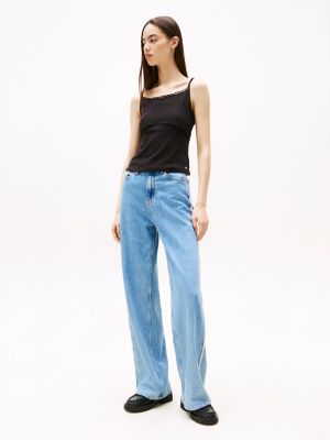 black pointelle slim spaghetti strap top for women tommy jeans