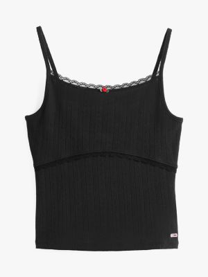 black pointelle slim spaghetti strap top for women tommy jeans