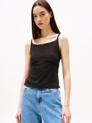 black pointelle slim spaghetti strap top for women tommy jeans