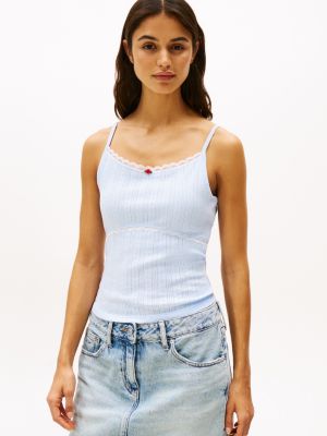 blauw slim fit ajour top met spaghettibandjes voor dames - tommy jeans