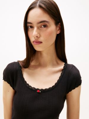 black pointelle slim t-shirt for women tommy jeans