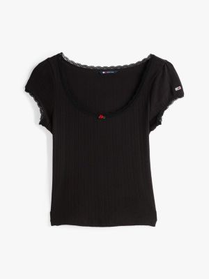 schwarz slim fit t-shirt mit pointelle-muster für damen - tommy jeans