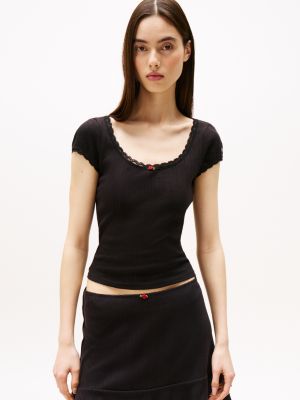 black pointelle slim t-shirt for women tommy jeans