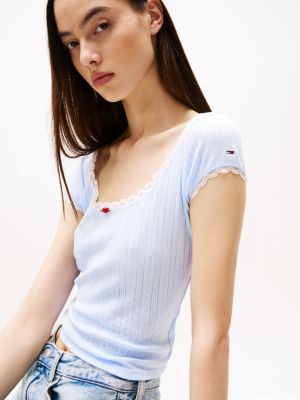 blue pointelle slim t-shirt for women tommy jeans