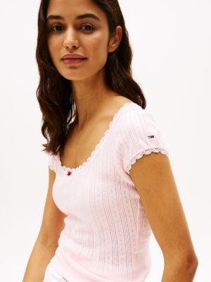 rosa slim fit t-shirt mit pointelle-muster für damen - tommy jeans