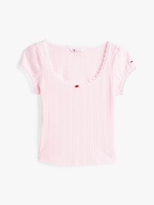 rosa slim fit t-shirt mit pointelle-muster für damen - tommy jeans