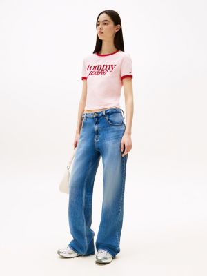 t-shirt slim fit con logo e bordi a contrasto multicolore da donne tommy jeans