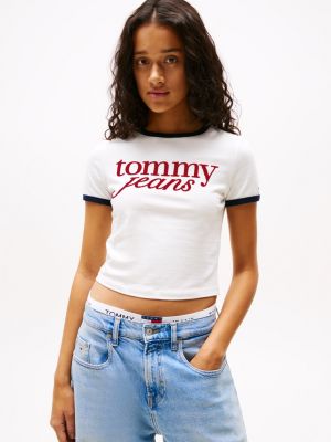 multi logo slim ringer t-shirt for women tommy jeans