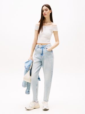 blue ultra high rise tapered mom jeans for women tommy jeans