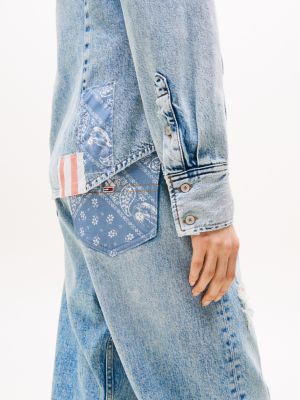 blue regular fit patchwork denim shirt for women tommy jeans