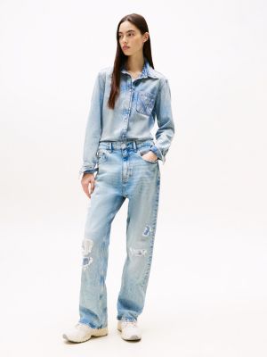 blue regular fit patchwork denim shirt for women tommy jeans