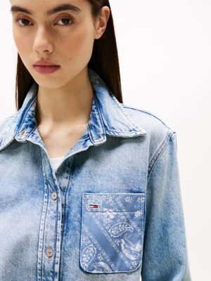 blue regular fit patchwork denim shirt for women tommy jeans