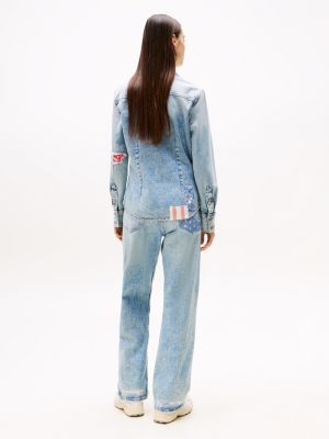 blue regular fit patchwork denim shirt for women tommy jeans