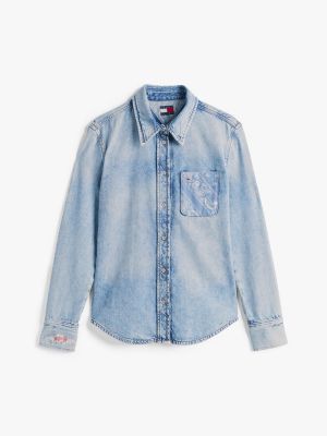 blue regular fit patchwork denim shirt for women tommy jeans