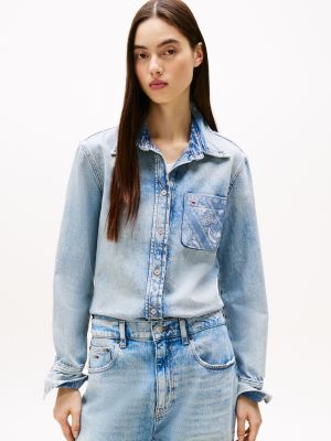 blue regular fit patchwork denim shirt for women tommy jeans