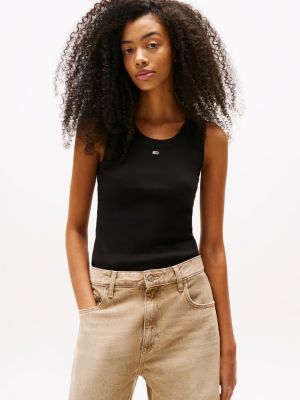 camiseta de tirantes acanalada y corte slim black de mujeres tommy jeans