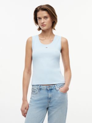 blue ribbed scoop neck slim tank top for women tommy jeans