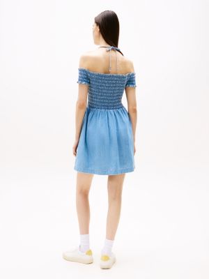 blue chambray fit and flare mini dress for women tommy jeans