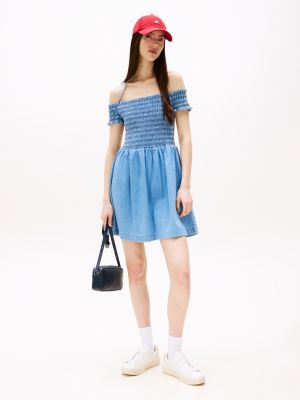 blue chambray fit and flare mini dress for women tommy jeans