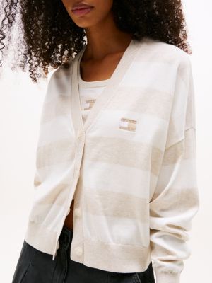 beige tommy badge gestreifter relaxed fit cardigan für damen - tommy jeans