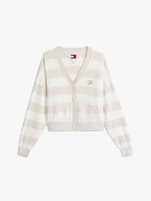 beige tommy badge gestreifter relaxed fit cardigan für damen - tommy jeans