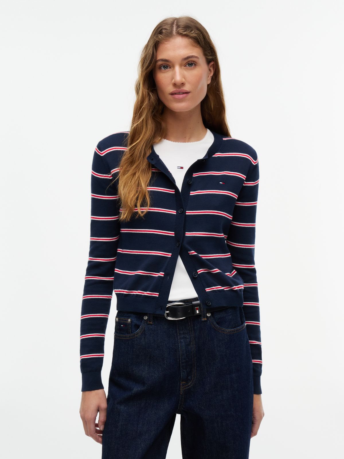 Slim Crew Neck Cardigan — Blue