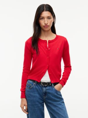 red slim crew neck cardigan for women tommy jeans