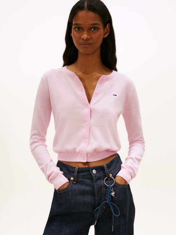 Slim Crew Neck Cardigan — Pink