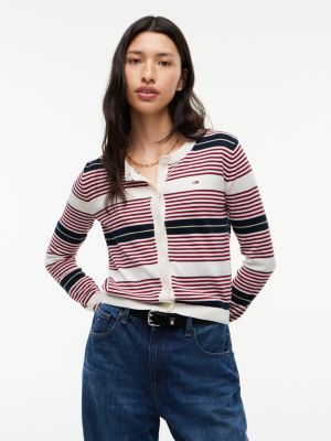 red kardigan o wąskim kroju z okrągłym dekoltem i haftem z flagą dla kobiety - tommy jeans