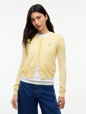 yellow kardigan o wąskim kroju z okrągłym dekoltem i haftem z flagą dla kobiety - tommy jeans