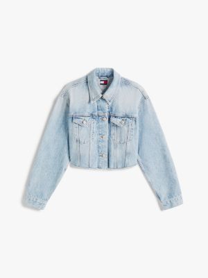 blue back logo oversized cropped denim jacket for women tommy jeans