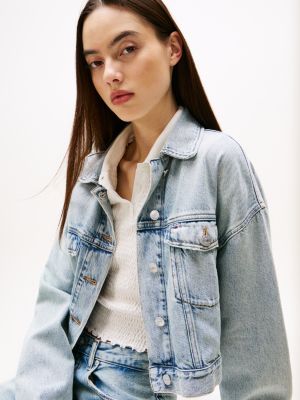 blauw oversized cropped denim truckerjack voor dames - tommy jeans